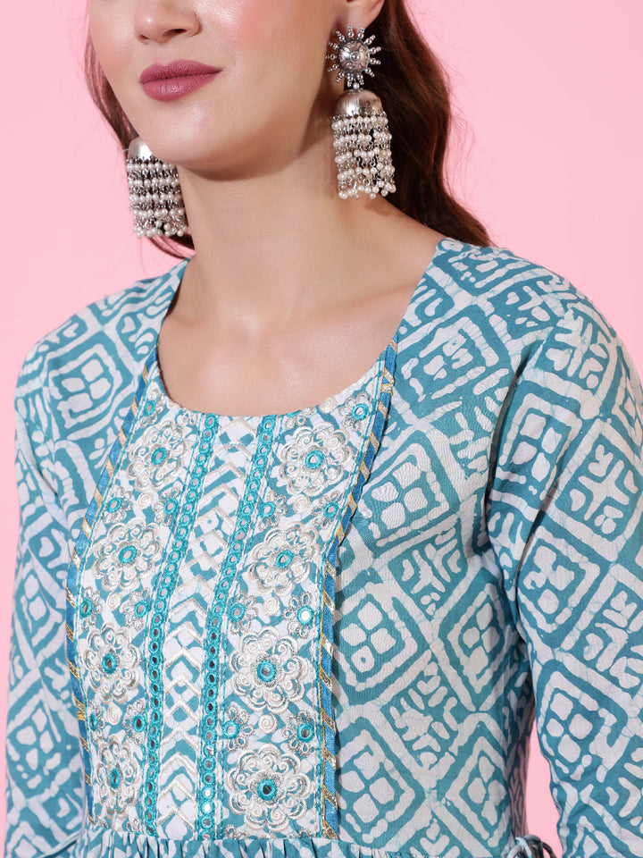 Rayon Printed Embroidered Ankle Length Flared 3/4 Sleeve Round Neck Kurta, Pants With Dupatta Set