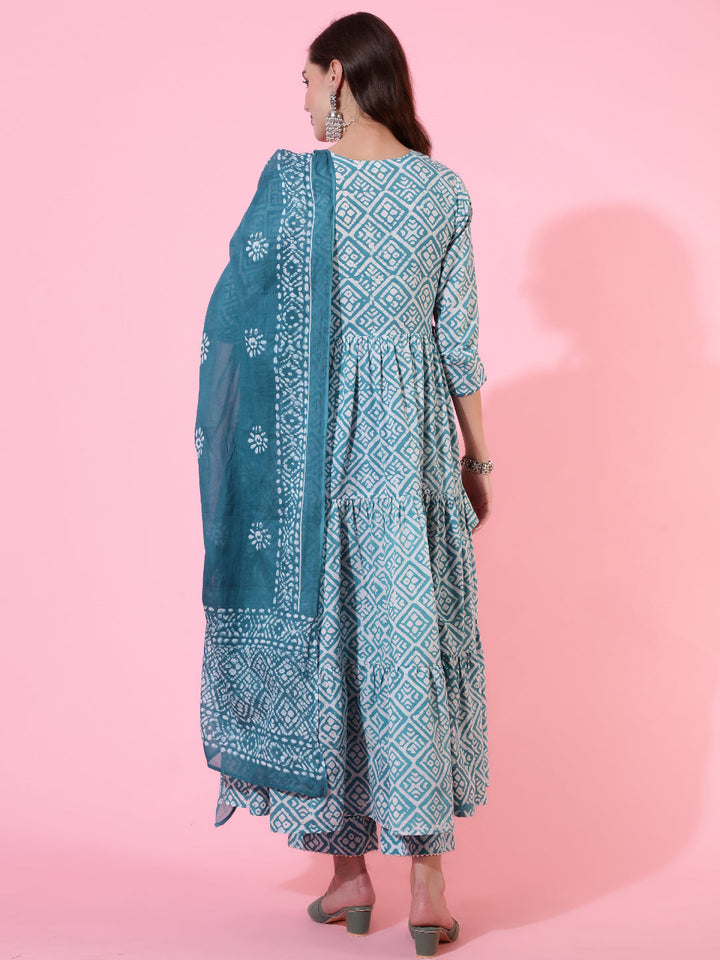 Rayon Printed Embroidered Ankle Length Flared 3/4 Sleeve Round Neck Kurta, Pants With Dupatta Set
