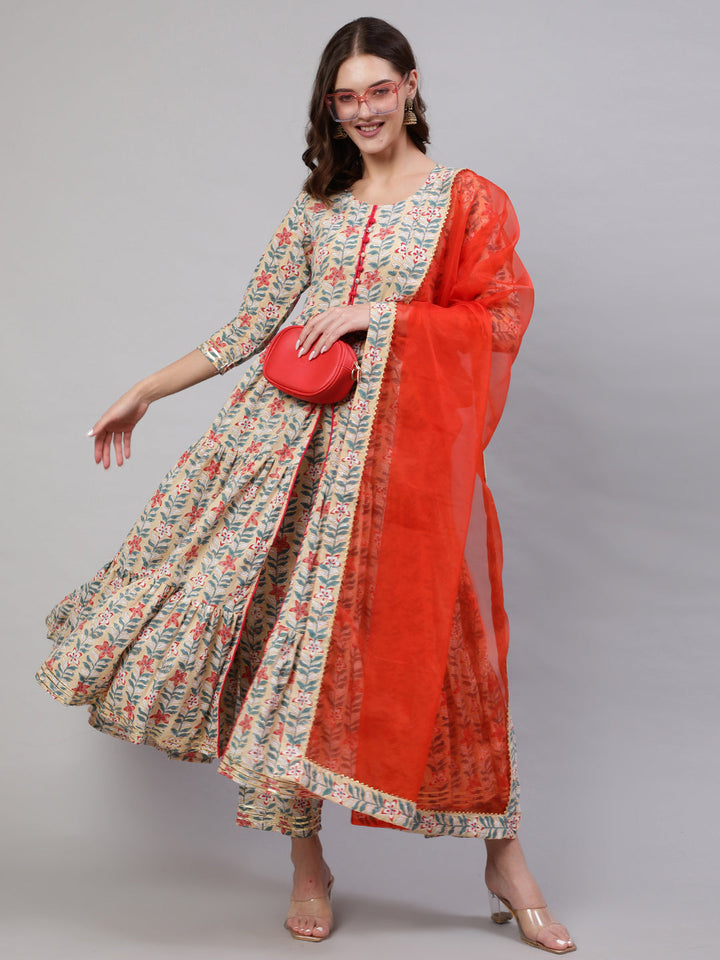 Rayon Printed Ankle Length Flared 3/4 Sleeve Round Neck Kurta, Pants With Dupatta Set