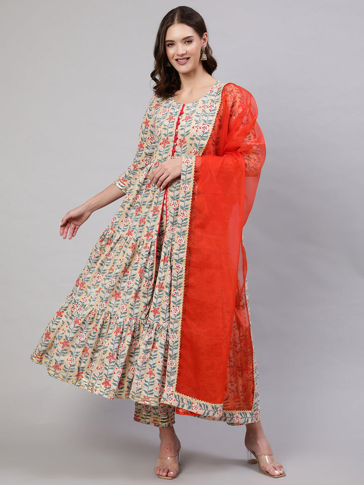 Rayon Printed Ankle Length Flared 3/4 Sleeve Round Neck Kurta, Pants With Dupatta Set