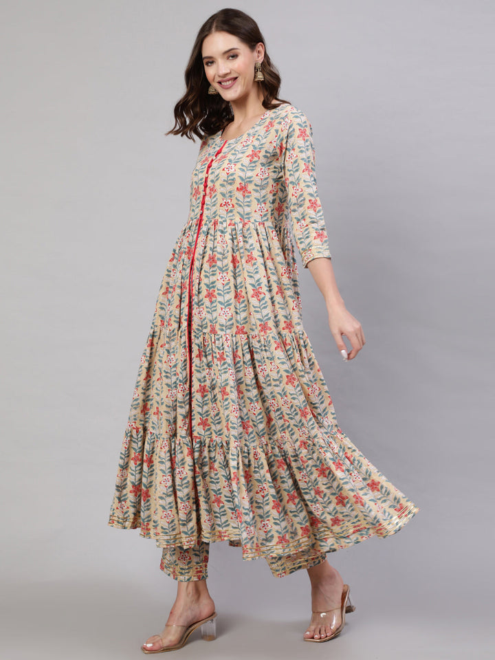 Rayon Printed Ankle Length Flared 3/4 Sleeve Round Neck Kurta, Pants With Dupatta Set