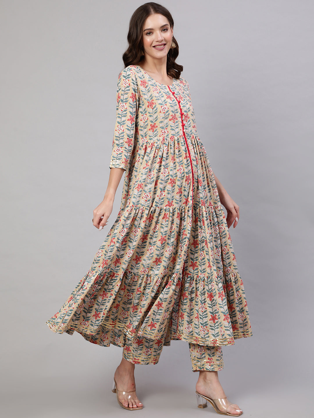 Rayon Printed Ankle Length Flared 3/4 Sleeve Round Neck Kurta, Pants With Dupatta Set