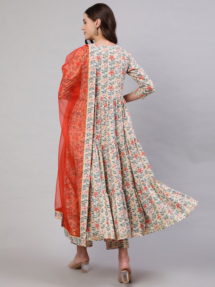 Rayon Printed Ankle Length Flared 3/4 Sleeve Round Neck Kurta, Pants With Dupatta Set