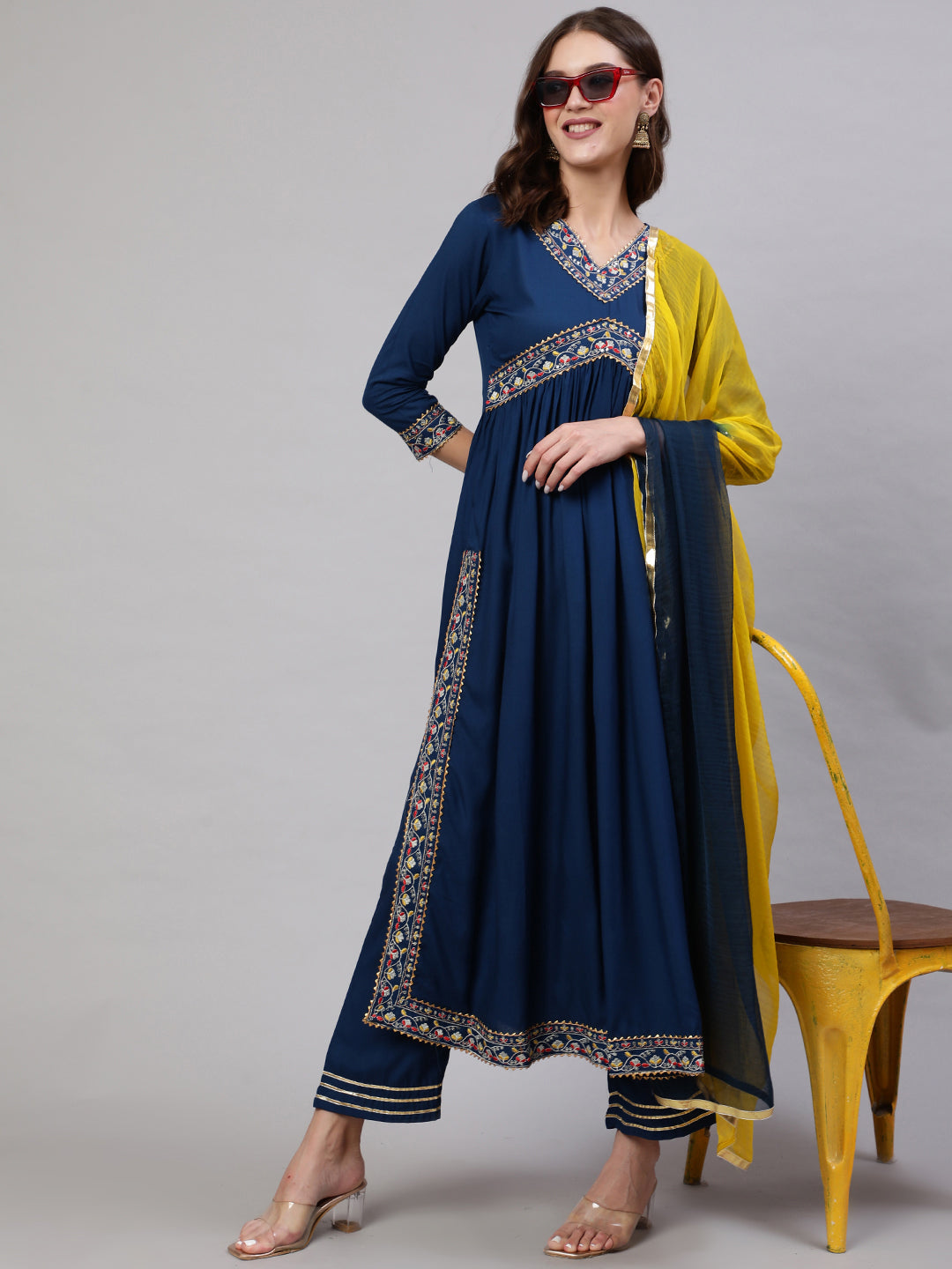 Rayon Dyed Embroidered Ankle Length Flared 3/4 Sleeve Round Neck Kurta, Pants With Dupatta Set