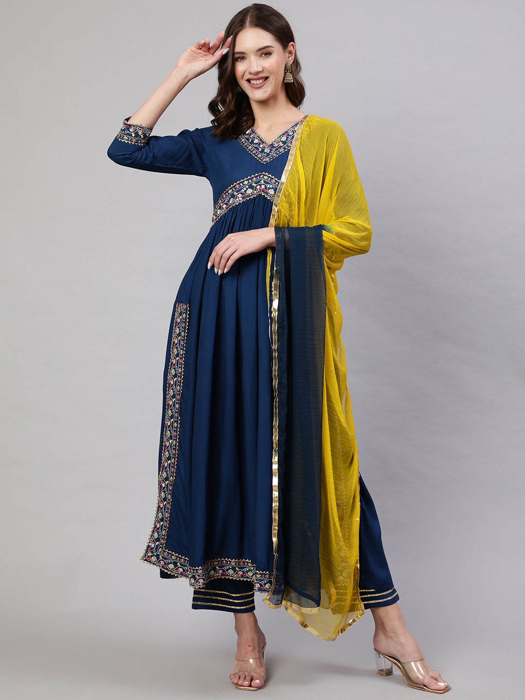 Rayon Dyed Embroidered Ankle Length Flared 3/4 Sleeve Round Neck Kurta, Pants With Dupatta Set