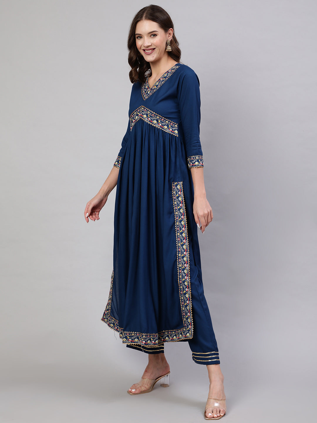 Rayon Dyed Embroidered Ankle Length Flared 3/4 Sleeve Round Neck Kurta, Pants With Dupatta Set