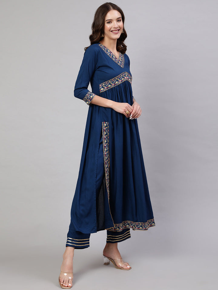 Rayon Dyed Embroidered Ankle Length Flared 3/4 Sleeve Round Neck Kurta, Pants With Dupatta Set