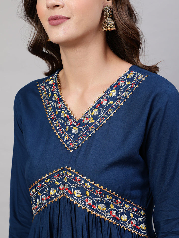 Rayon Dyed Embroidered Ankle Length Flared 3/4 Sleeve Round Neck Kurta, Pants With Dupatta Set