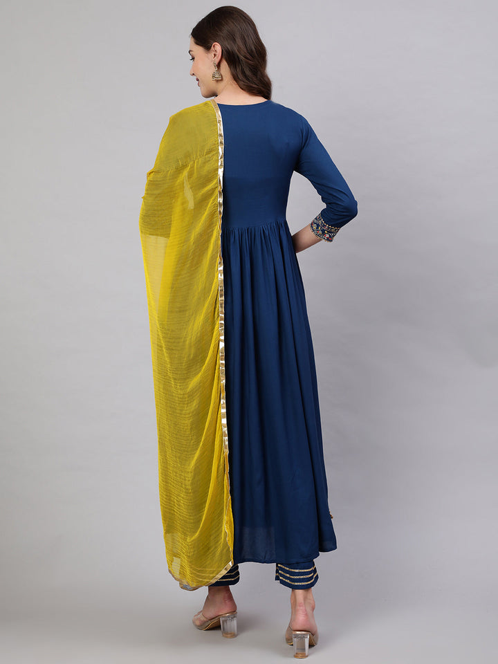 Rayon Dyed Embroidered Ankle Length Flared 3/4 Sleeve Round Neck Kurta, Pants With Dupatta Set