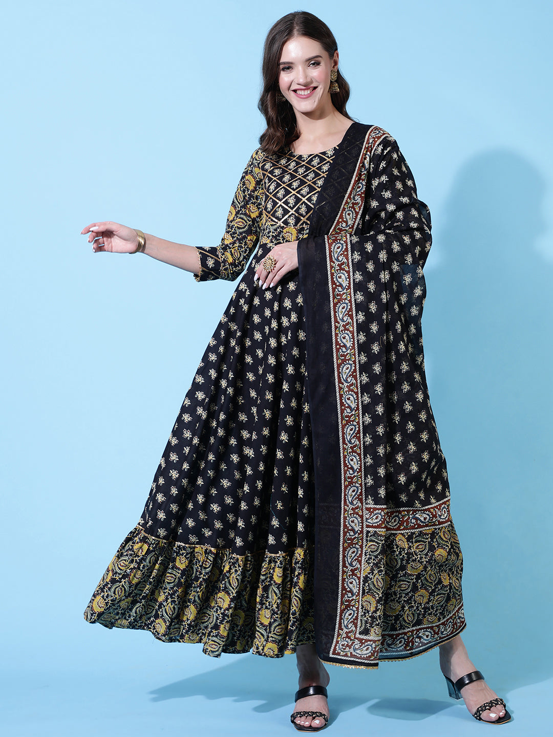 Rayon Printed Ankle Length Flared 3/4 Sleeve Round Neck Kurta, Pants With Dupatta Set