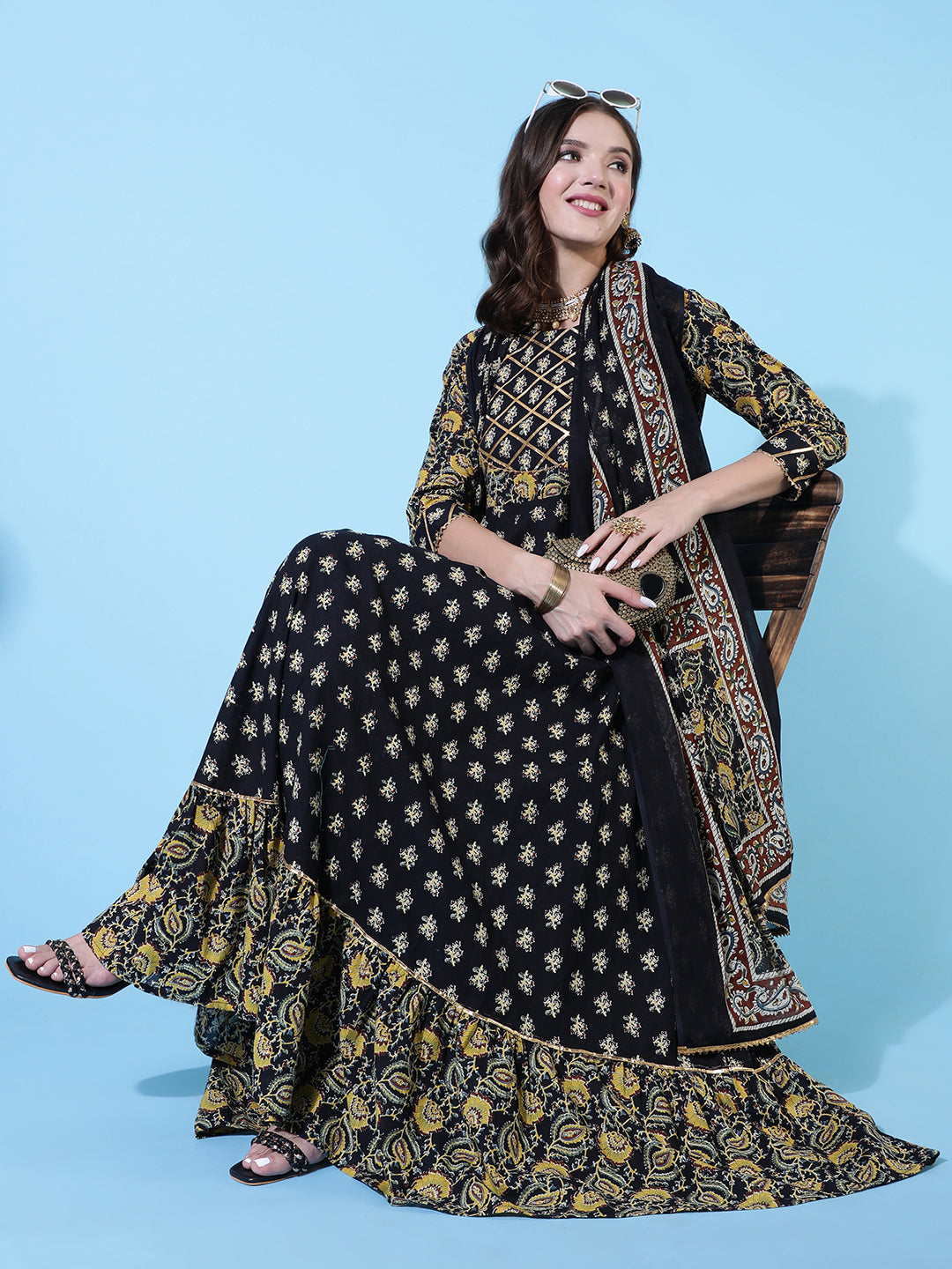 Rayon Printed Ankle Length Flared 3/4 Sleeve Round Neck Kurta, Pants With Dupatta Set