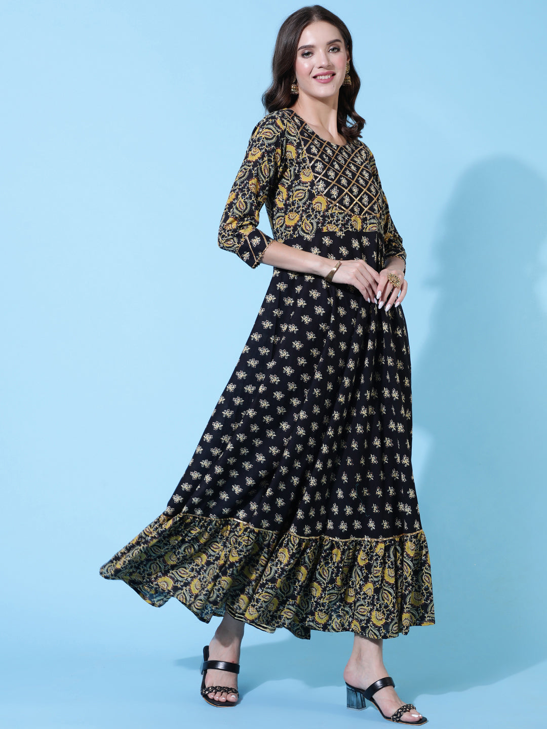 Rayon Printed Ankle Length Flared 3/4 Sleeve Round Neck Kurta, Pants With Dupatta Set