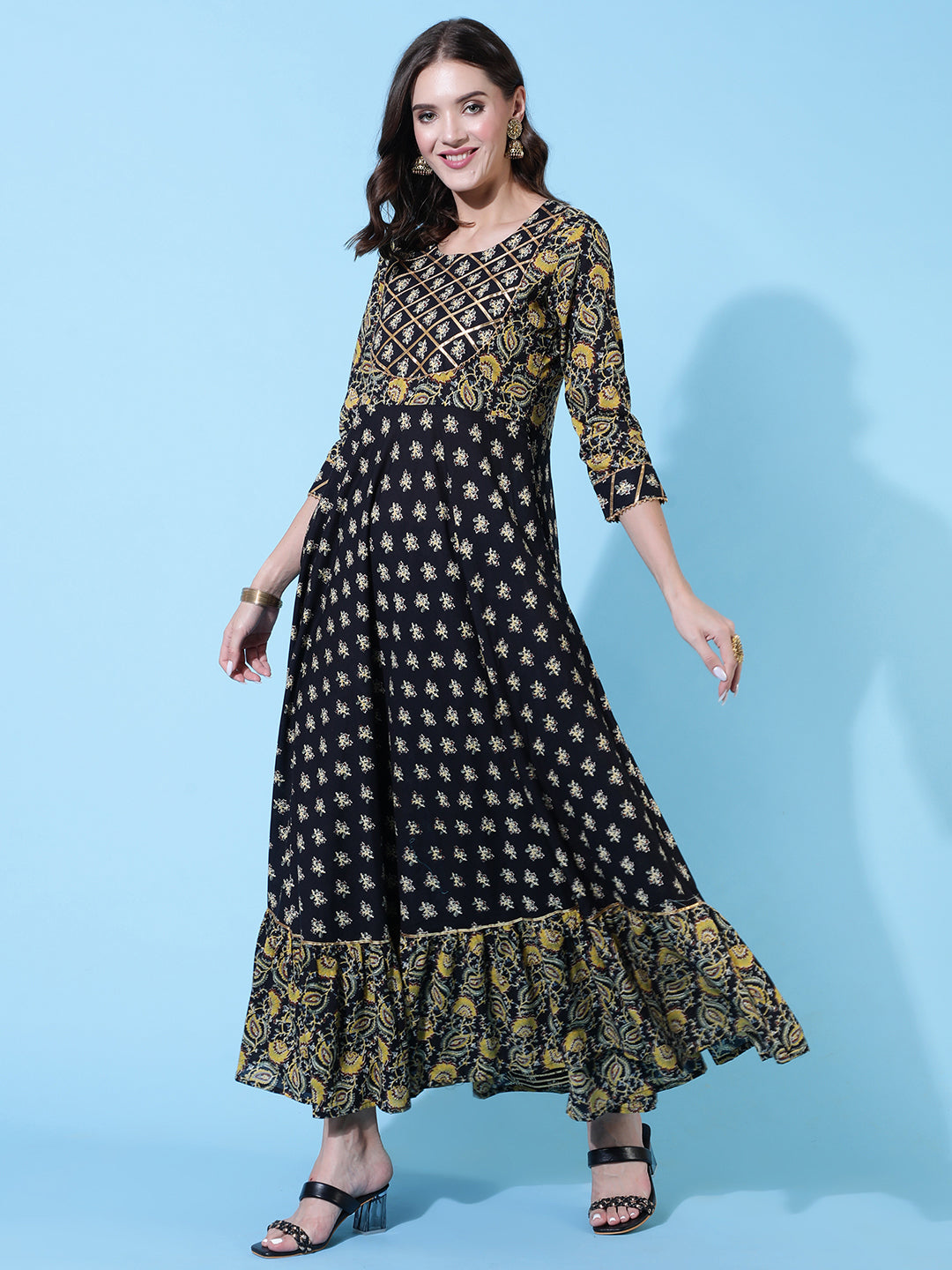 Rayon Printed Ankle Length Flared 3/4 Sleeve Round Neck Kurta, Pants With Dupatta Set