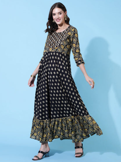 Rayon Printed Ankle Length Flared 3/4 Sleeve Round Neck Kurta, Pants With Dupatta Set