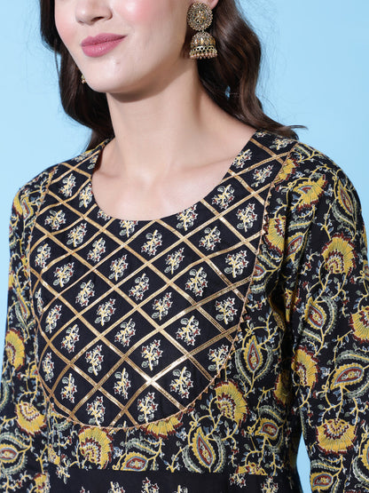 Rayon Printed Ankle Length Flared 3/4 Sleeve Round Neck Kurta, Pants With Dupatta Set