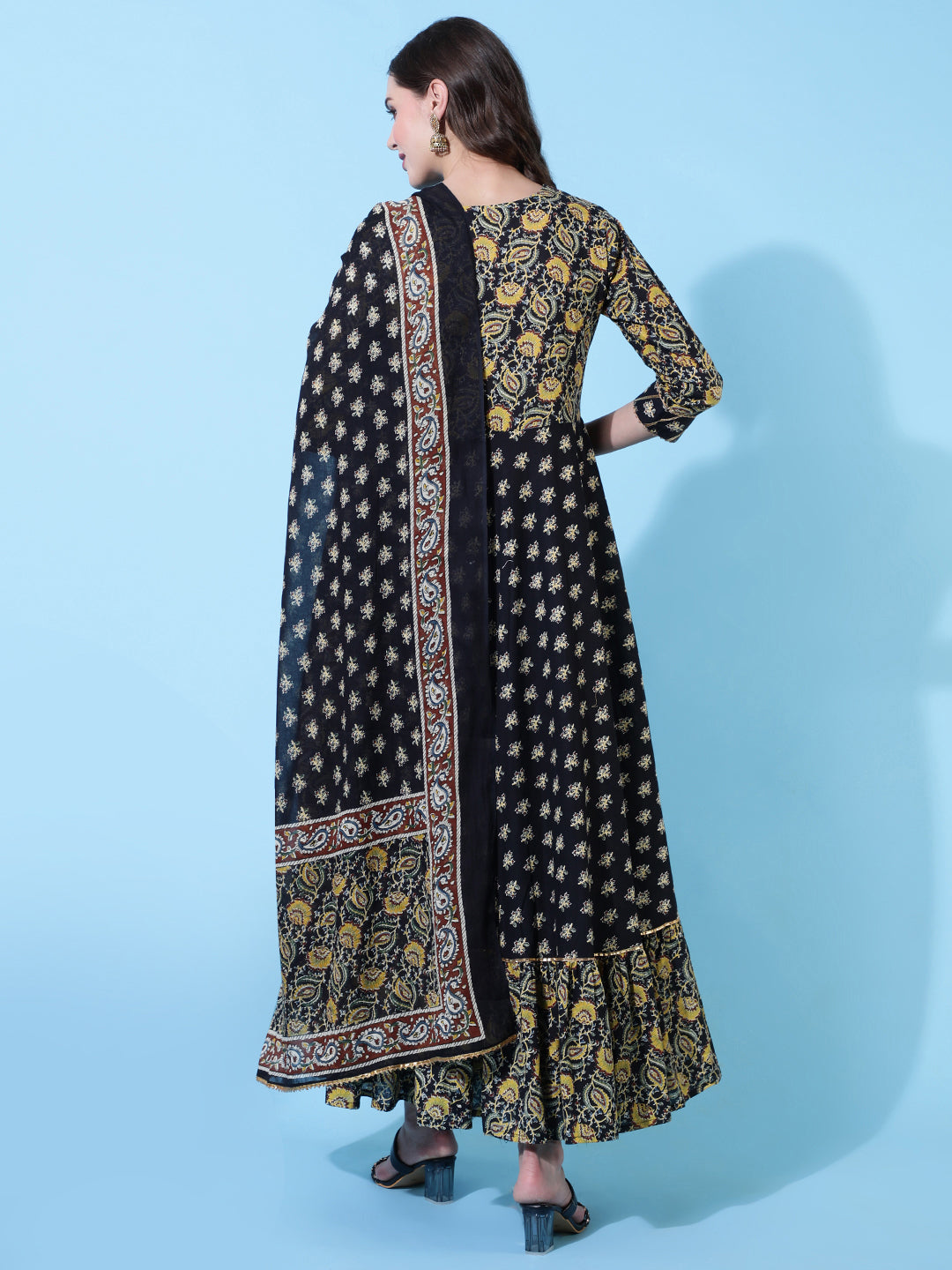 Rayon Printed Ankle Length Flared 3/4 Sleeve Round Neck Kurta, Pants With Dupatta Set