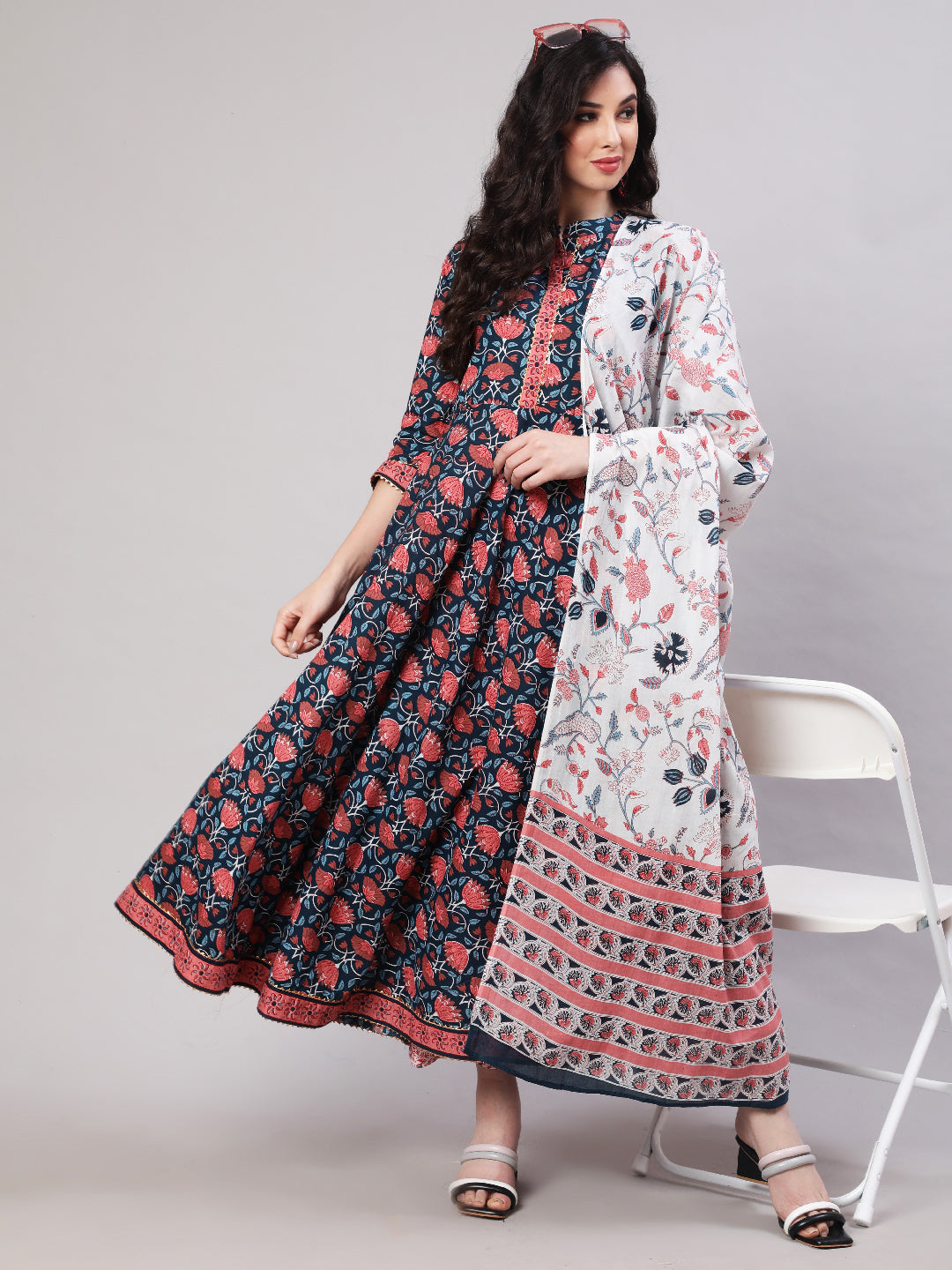 Cotton Printed Ankle Length Flared 3/4 Sleeve Mandarin Neck Kurta, Pants With Dupatta Set