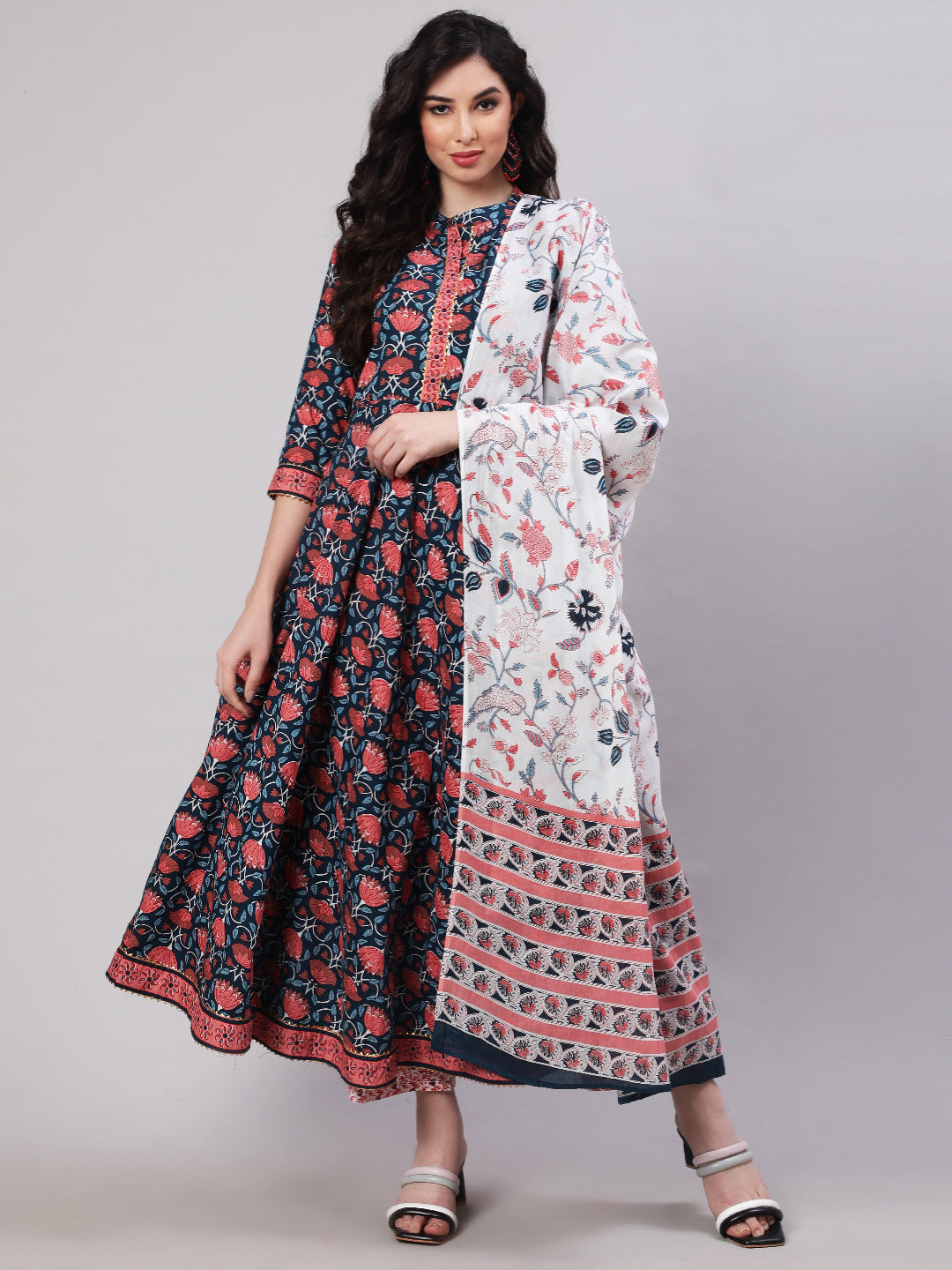 Cotton Printed Ankle Length Flared 3/4 Sleeve Mandarin Neck Kurta, Pants With Dupatta Set