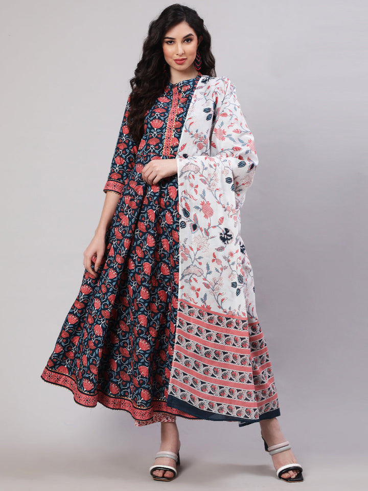 Cotton Printed Ankle Length Flared 3/4 Sleeve Mandarin Neck Kurta, Pants With Dupatta Set