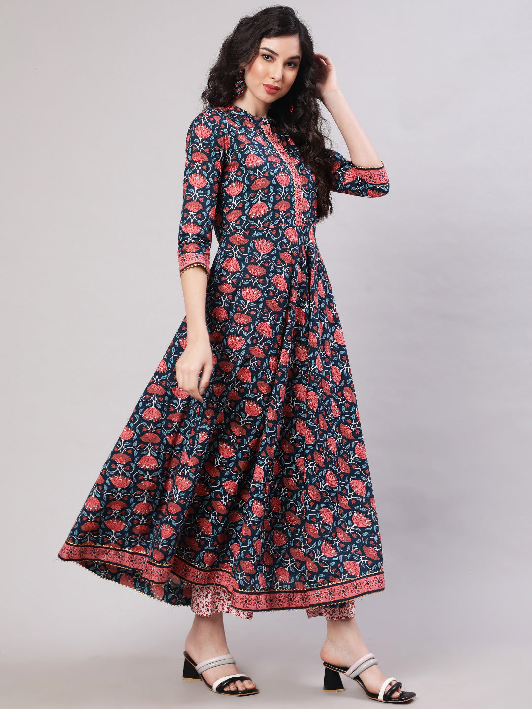 Cotton Printed Ankle Length Flared 3/4 Sleeve Mandarin Neck Kurta, Pants With Dupatta Set