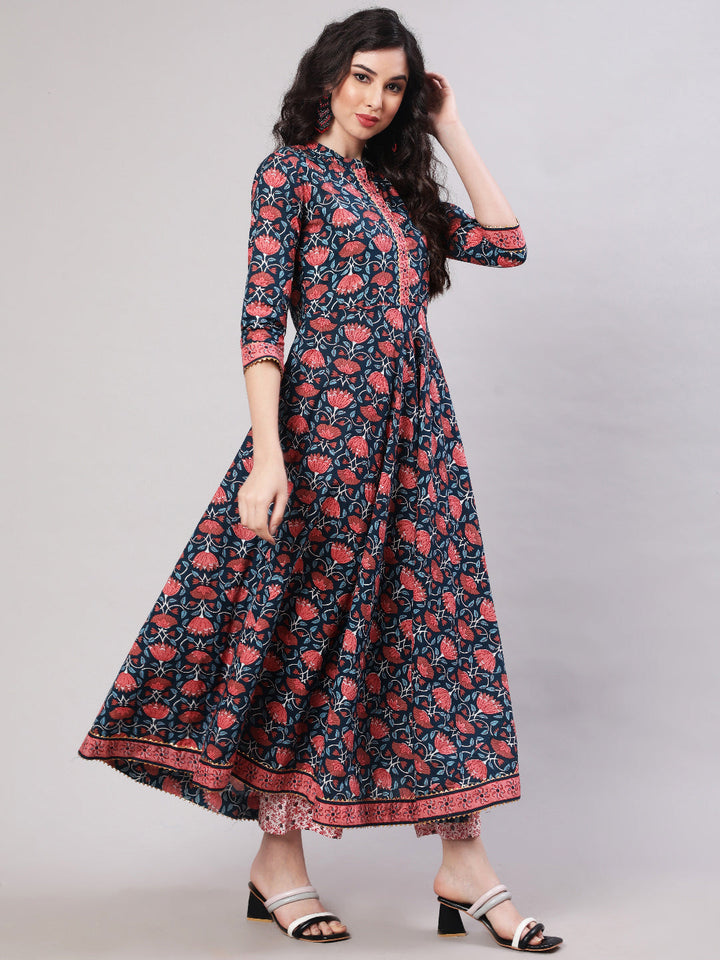 Cotton Printed Ankle Length Flared 3/4 Sleeve Mandarin Neck Kurta, Pants With Dupatta Set
