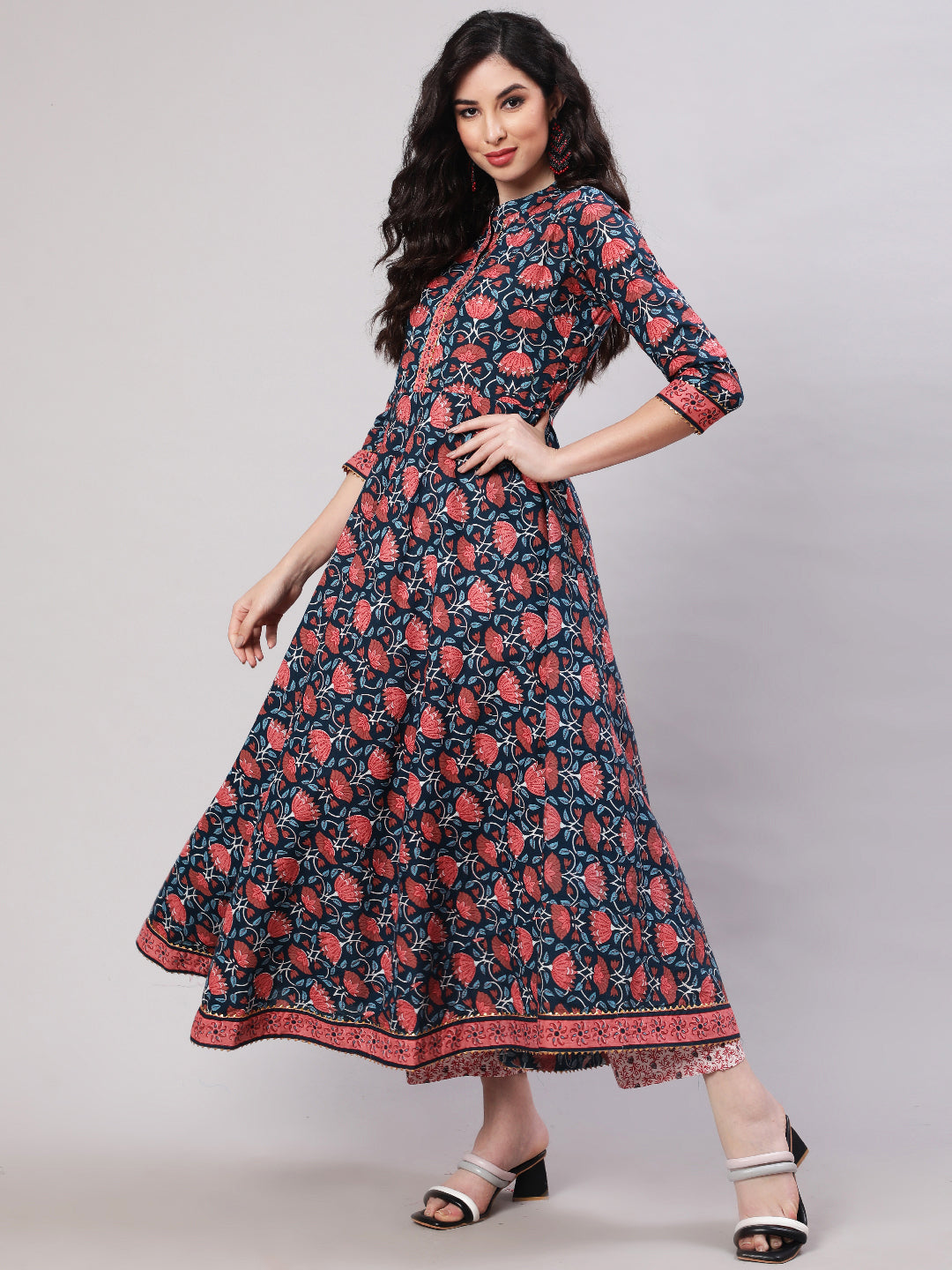 Cotton Printed Ankle Length Flared 3/4 Sleeve Mandarin Neck Kurta, Pants With Dupatta Set