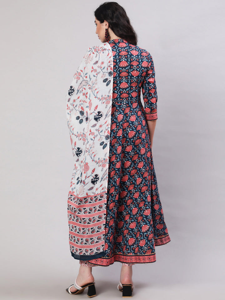 Cotton Printed Ankle Length Flared 3/4 Sleeve Mandarin Neck Kurta, Pants With Dupatta Set