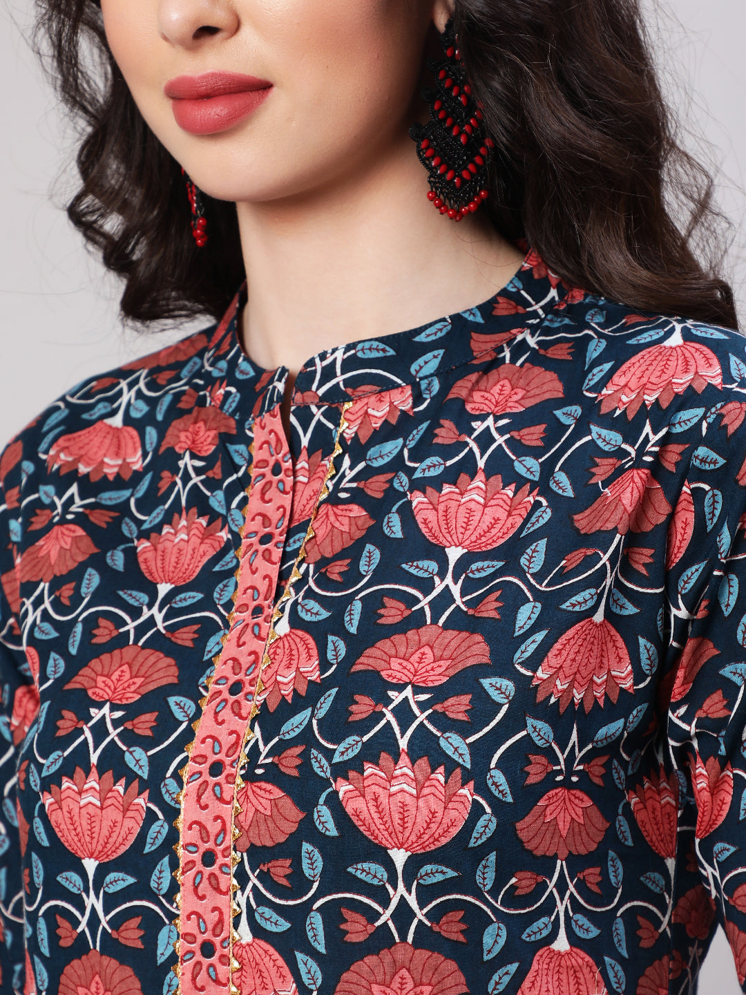 Cotton Printed Ankle Length Flared 3/4 Sleeve Mandarin Neck Kurta, Pants With Dupatta Set