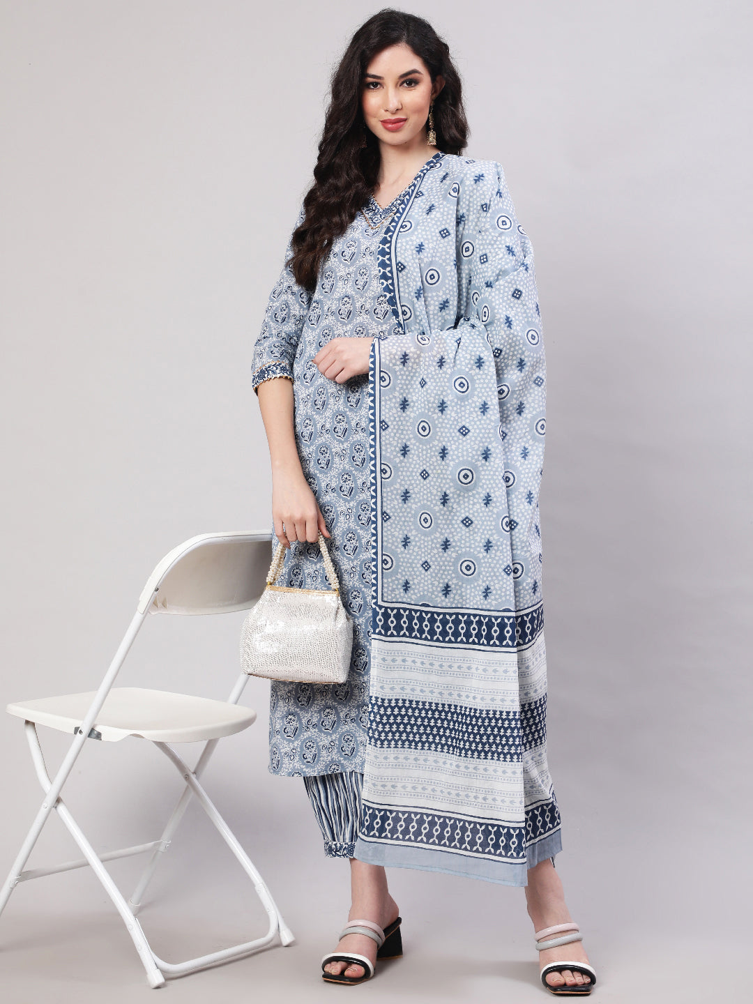 Cotton Printed Calf Length Straight 3/4 Sleeve Round Neck Kurta, Pants With Dupatta Set