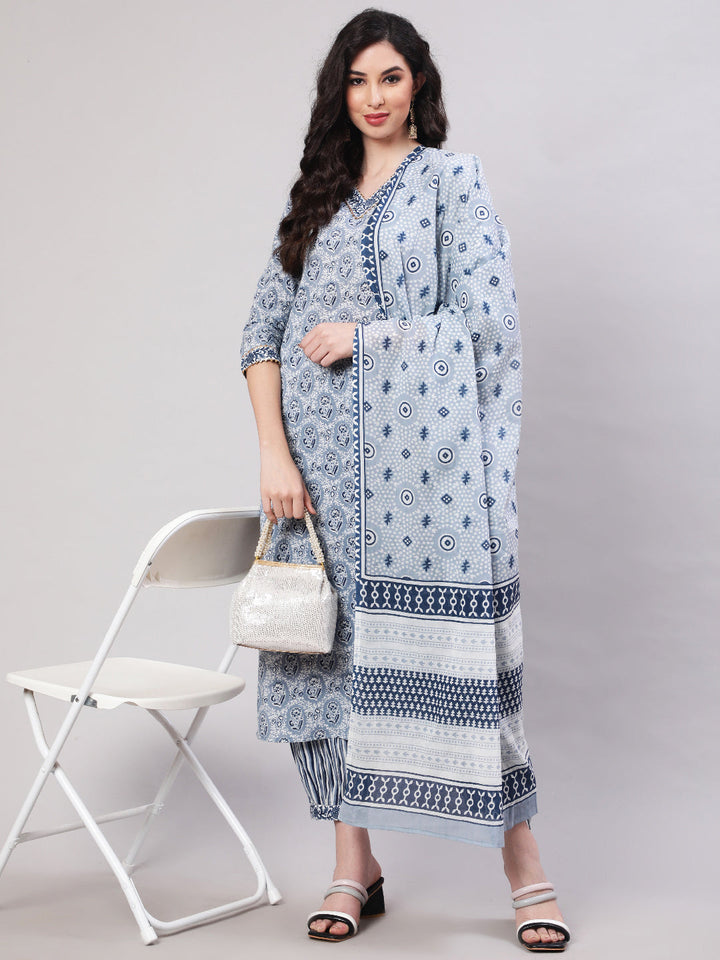 Cotton Printed Calf Length Straight 3/4 Sleeve Round Neck Kurta, Pants With Dupatta Set