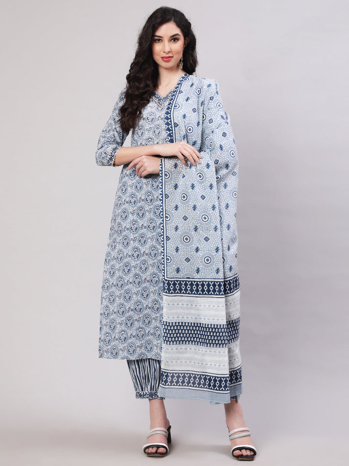 Cotton Printed Calf Length Straight 3/4 Sleeve Round Neck Kurta, Pants With Dupatta Set