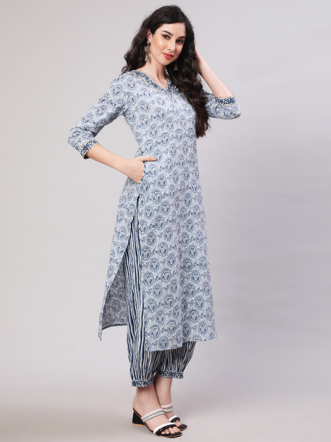 Cotton Printed Calf Length Straight 3/4 Sleeve Round Neck Kurta, Pants With Dupatta Set