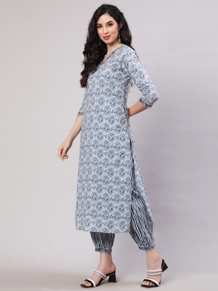 Cotton Printed Calf Length Straight 3/4 Sleeve Round Neck Kurta, Pants With Dupatta Set