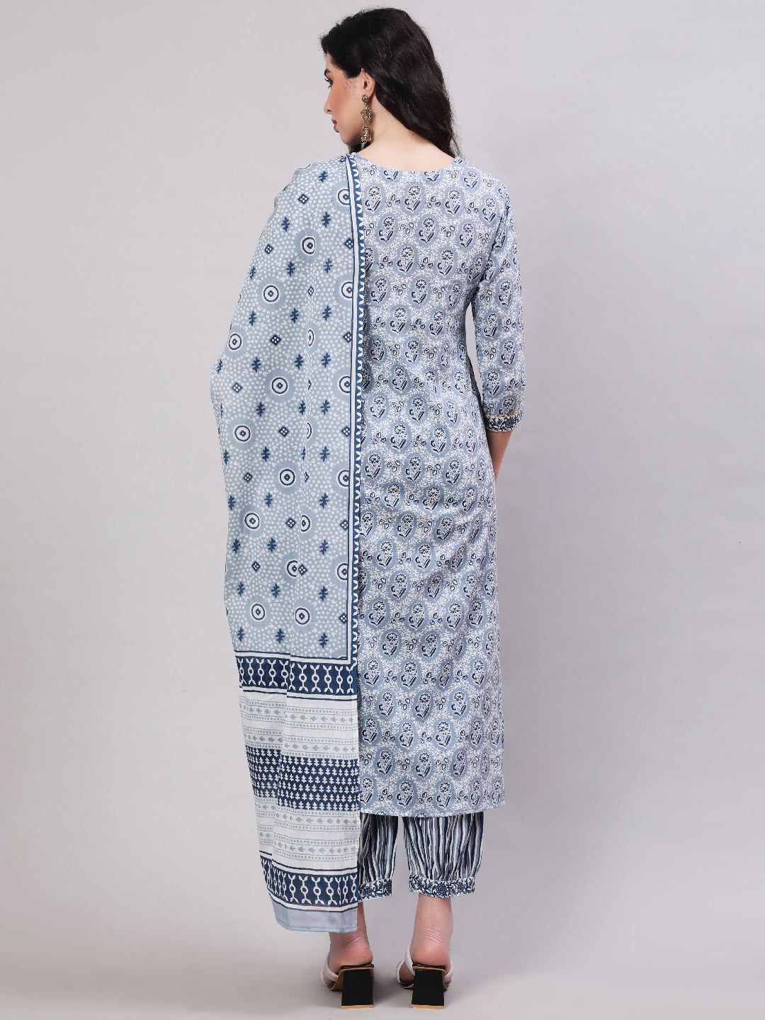 Cotton Printed Calf Length Straight 3/4 Sleeve Round Neck Kurta, Pants With Dupatta Set
