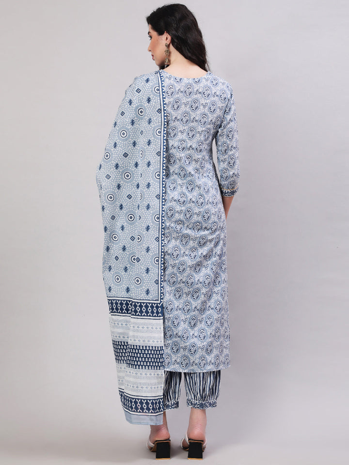 Cotton Printed Calf Length Straight 3/4 Sleeve Round Neck Kurta, Pants With Dupatta Set