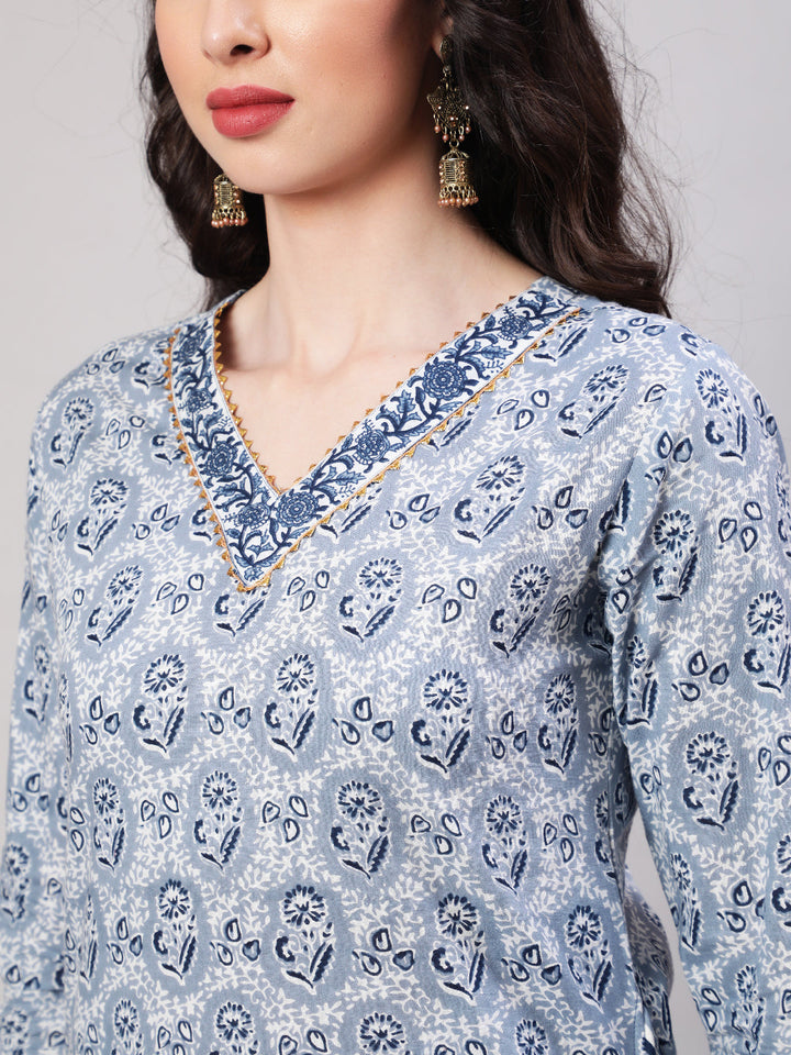 Cotton Printed Calf Length Straight 3/4 Sleeve Round Neck Kurta, Pants With Dupatta Set