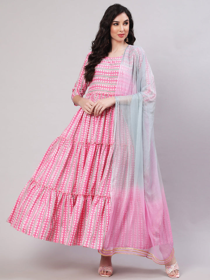 Rayon Printed Ankle Length Flared 3/4 Sleeve Round Neck Kurta, Pants With Dupatta Set