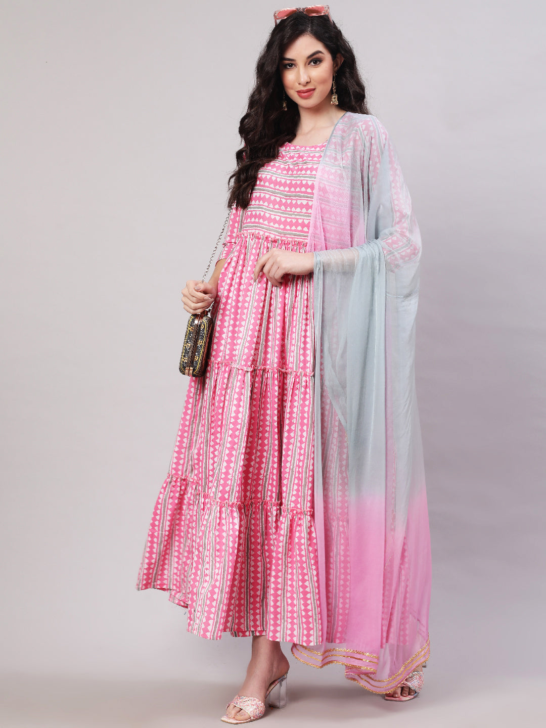 Rayon Printed Ankle Length Flared 3/4 Sleeve Round Neck Kurta, Pants With Dupatta Set