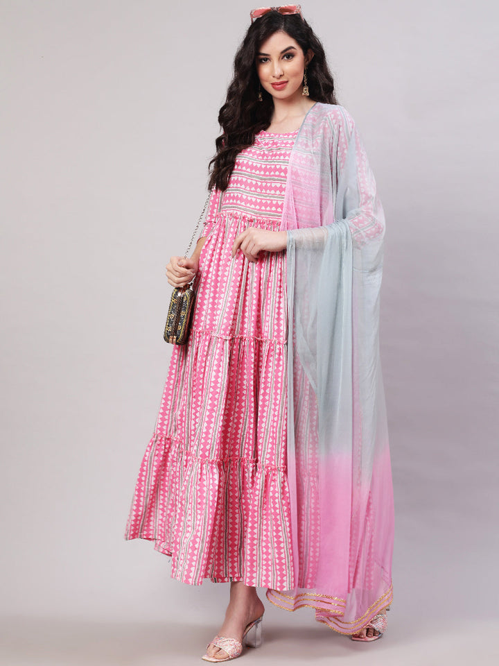 Rayon Printed Ankle Length Flared 3/4 Sleeve Round Neck Kurta, Pants With Dupatta Set