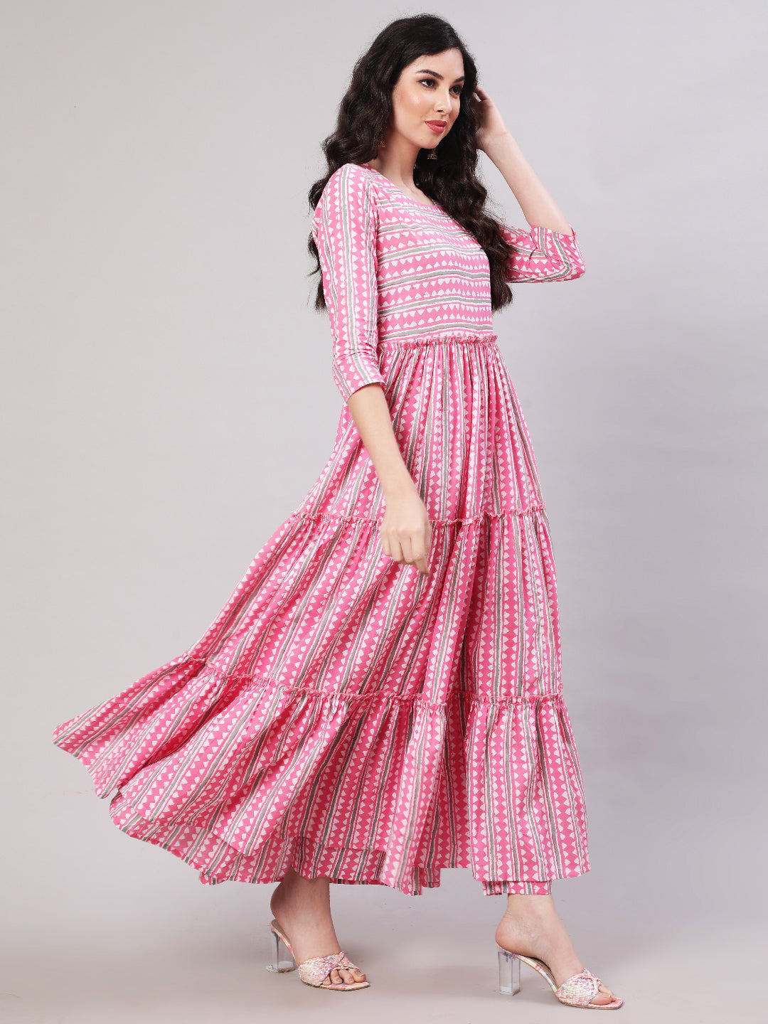 Rayon Printed Ankle Length Flared 3/4 Sleeve Round Neck Kurta, Pants With Dupatta Set