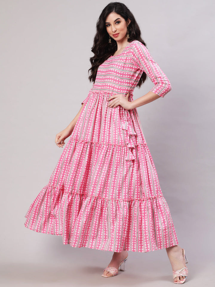 Rayon Printed Ankle Length Flared 3/4 Sleeve Round Neck Kurta, Pants With Dupatta Set