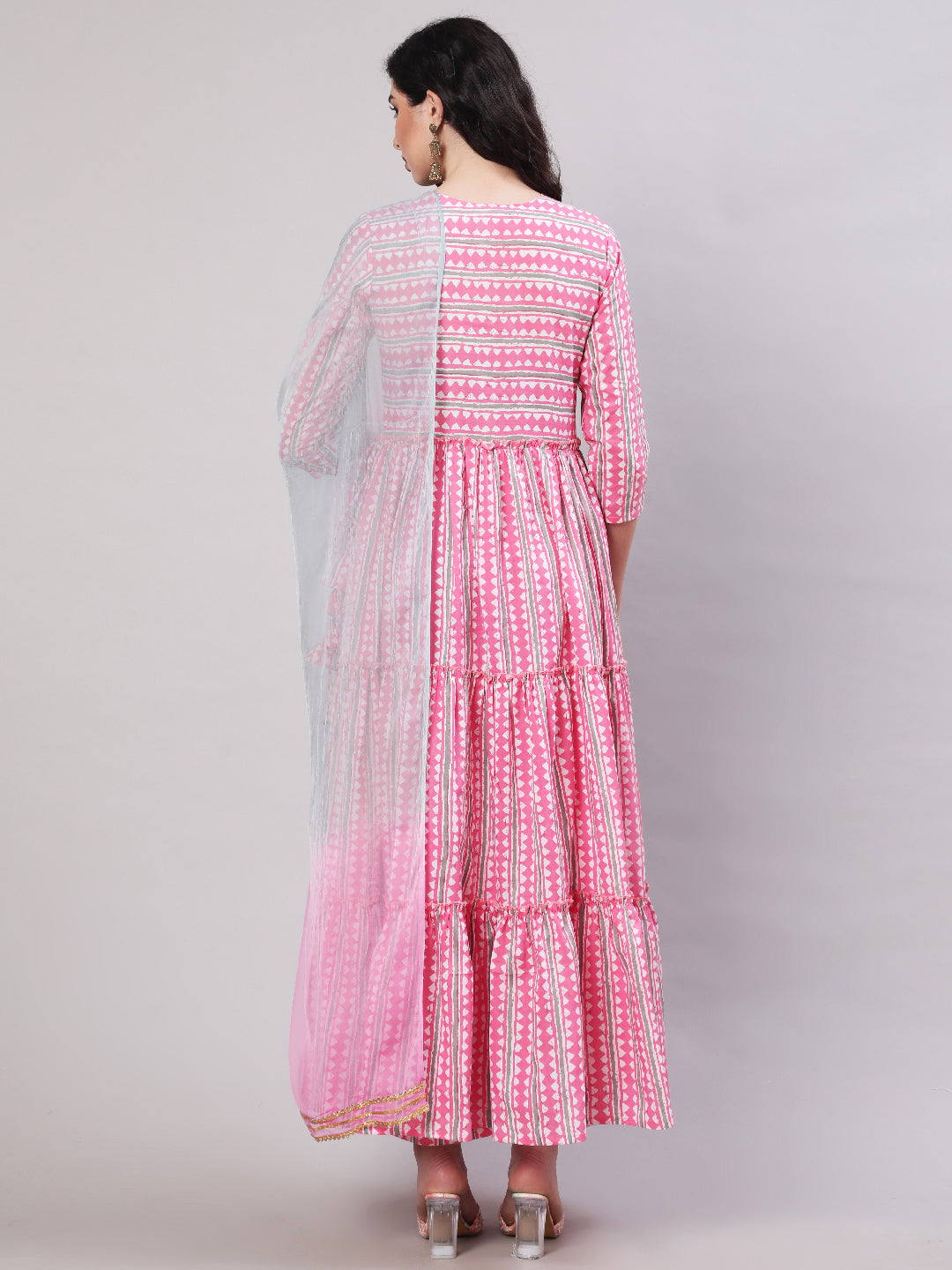 Rayon Printed Ankle Length Flared 3/4 Sleeve Round Neck Kurta, Pants With Dupatta Set
