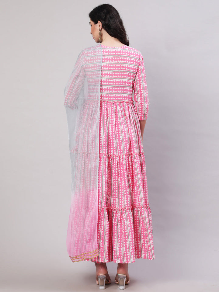 Rayon Printed Ankle Length Flared 3/4 Sleeve Round Neck Kurta, Pants With Dupatta Set