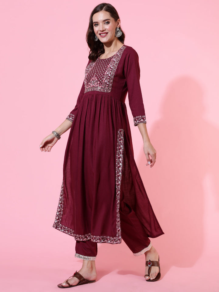 Rayon Dyed Embroidered Ankle Length Flared 3/4 Sleeve Round Neck Kurta, Pants With Dupatta Set