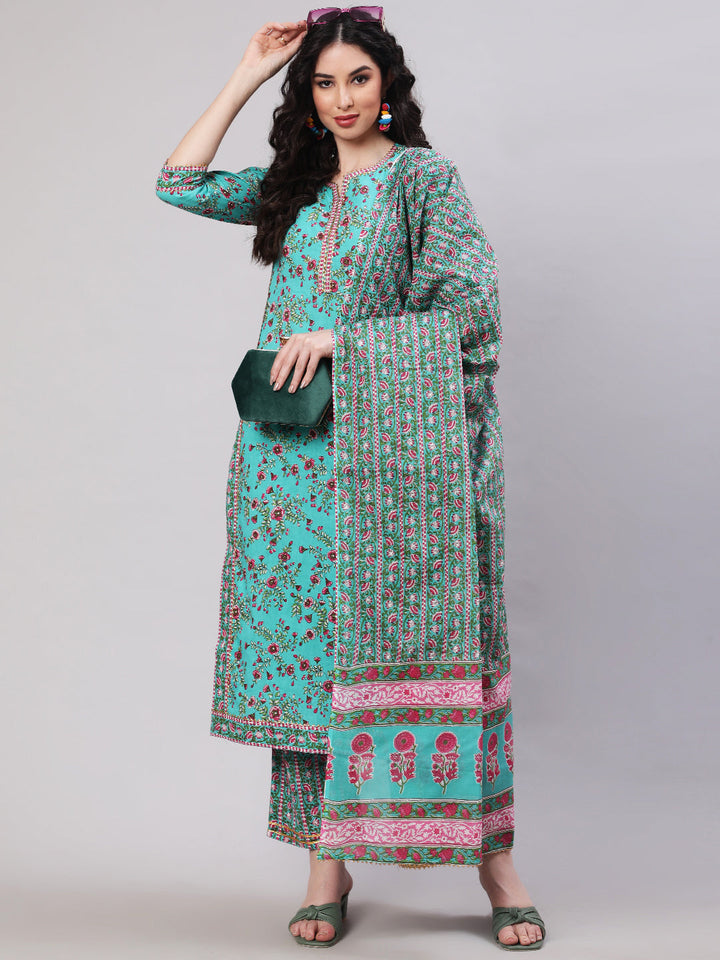 Rayon Printed Calf Length Straight 3/4 Sleeve Round Neck Kurta, Pants With Dupatta Set