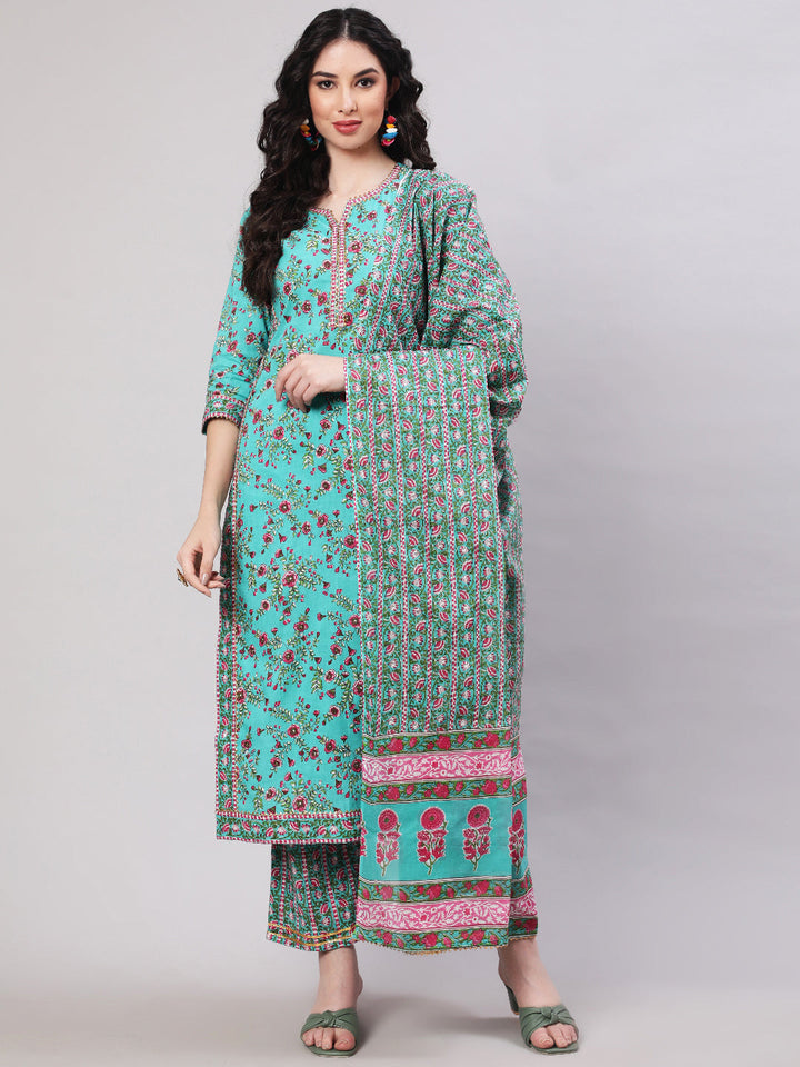 Rayon Printed Calf Length Straight 3/4 Sleeve Round Neck Kurta, Pants With Dupatta Set