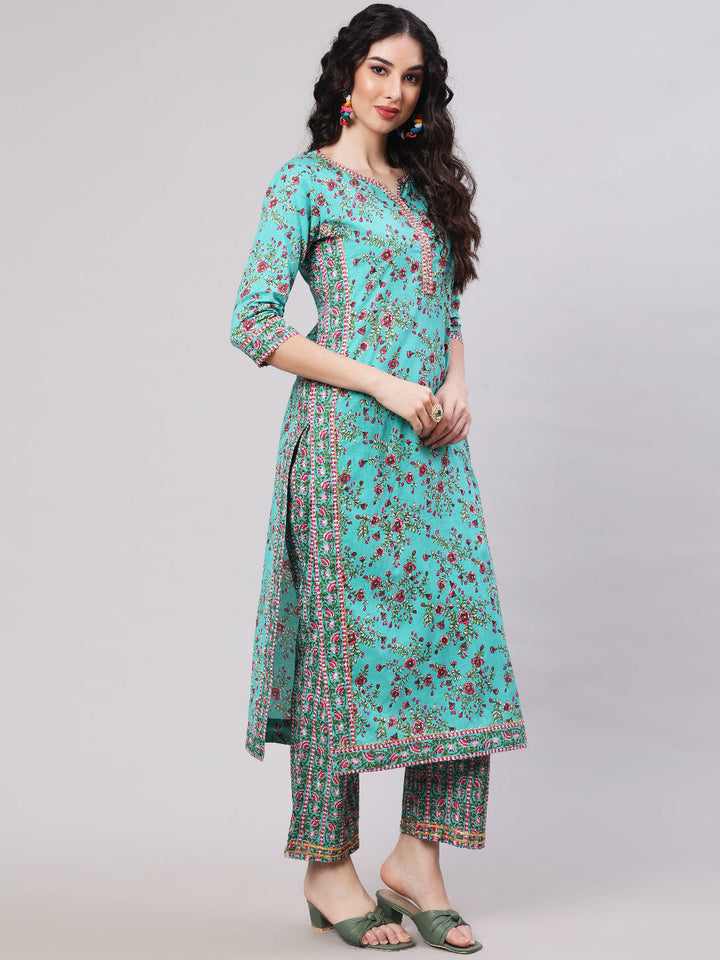 Rayon Printed Calf Length Straight 3/4 Sleeve Round Neck Kurta, Pants With Dupatta Set