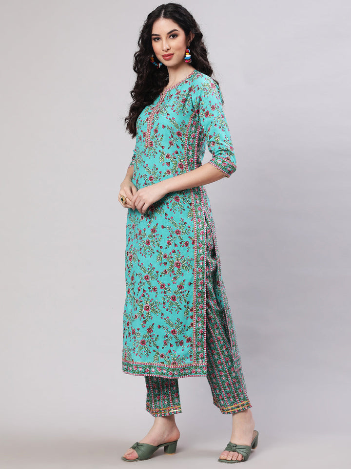 Rayon Printed Calf Length Straight 3/4 Sleeve Round Neck Kurta, Pants With Dupatta Set