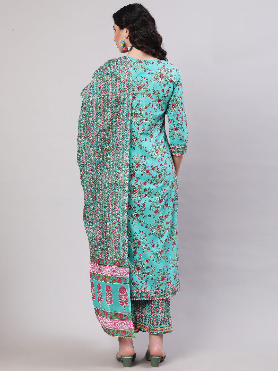 Rayon Printed Calf Length Straight 3/4 Sleeve Round Neck Kurta, Pants With Dupatta Set