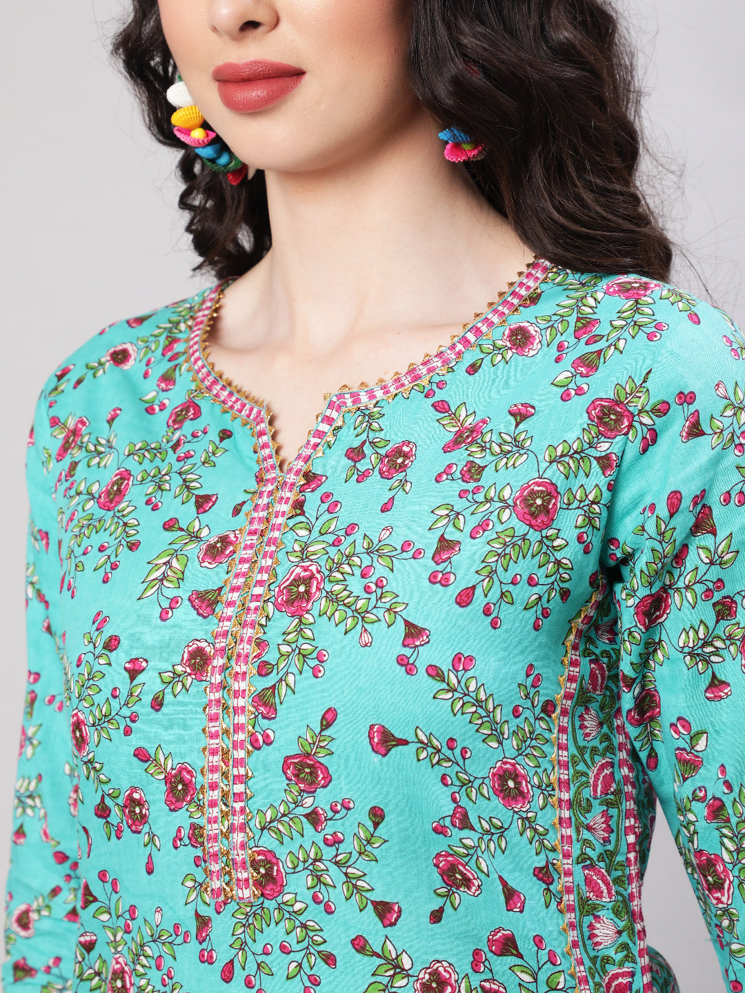 Rayon Printed Calf Length Straight 3/4 Sleeve Round Neck Kurta, Pants With Dupatta Set